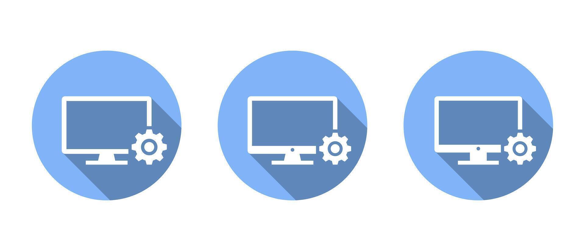 Computer setup icon set. Monitor with configuration gear symbol. System maintenance and settings concept with long shadow vector