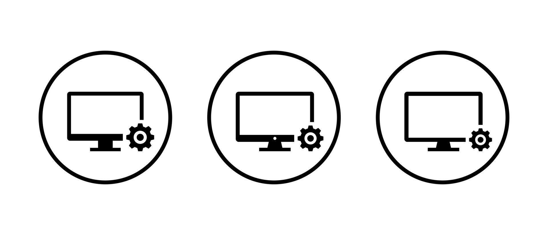 Computer setup icon set. Monitor with configuration gear symbol. System maintenance and settings concept in circular outline vector
