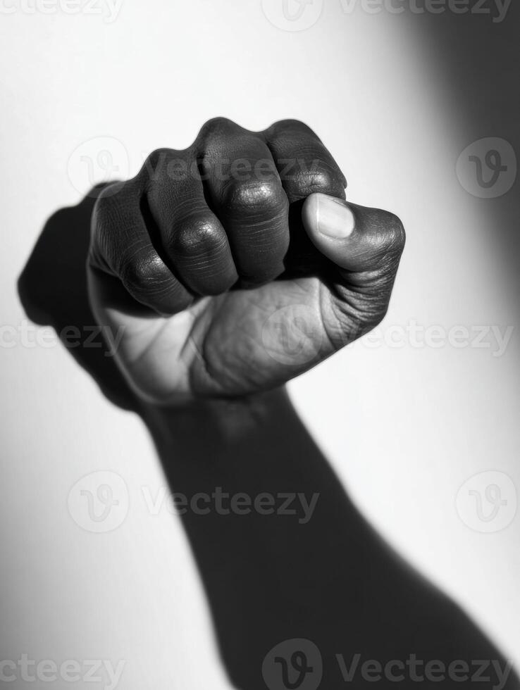 Silhouette of a Clenched Fist Casting a Long Shadow Against a Stark Background in a Dramatic Black and White Composition photo