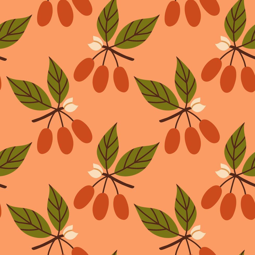 Autumn red berry seamless pattern. Fall isolated berries on orange pink background. Square repeat pattern flat design for fall season. vector