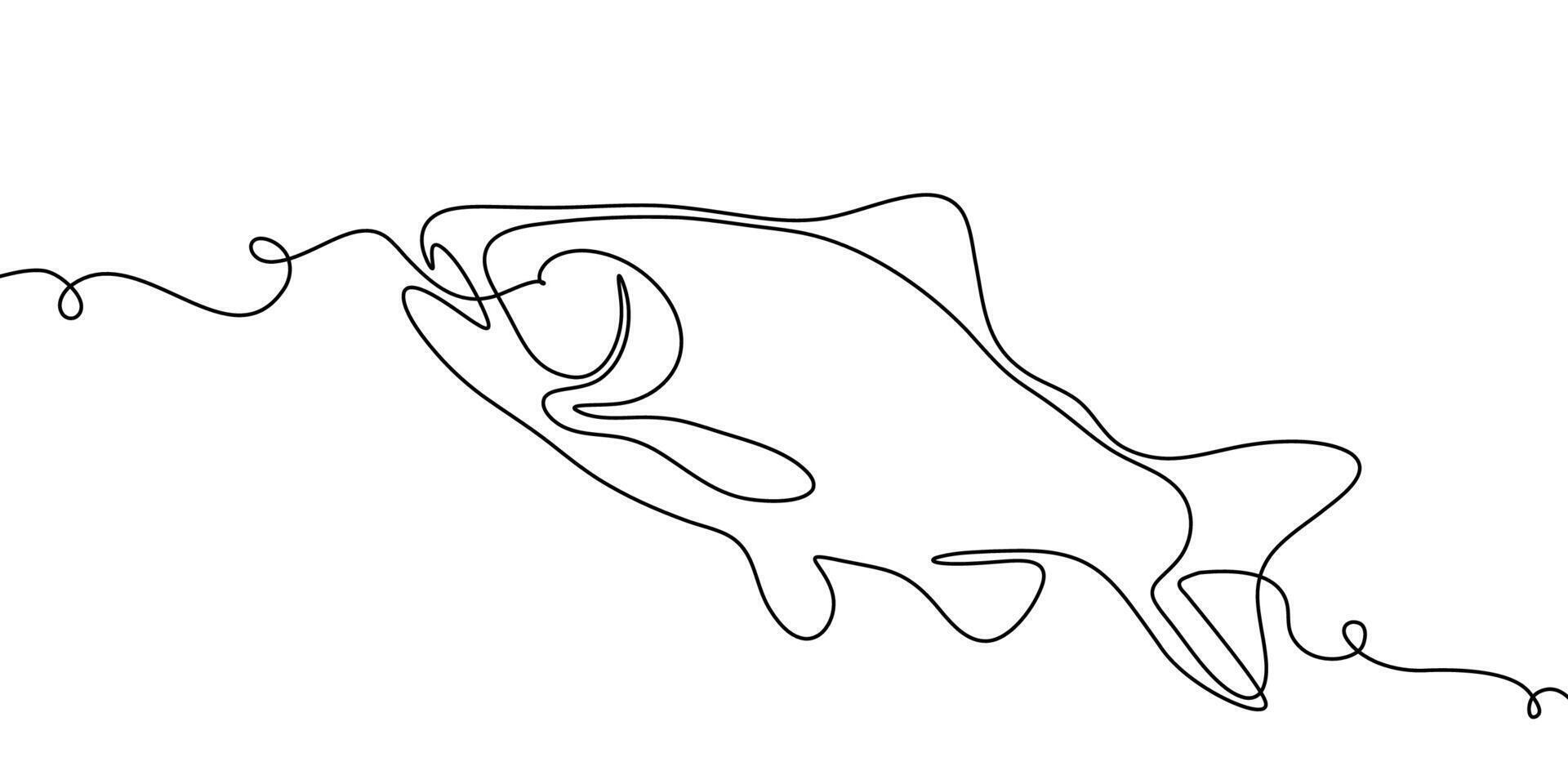 Salmon line fish icon continuous art tuna drawing trout seafood. Line salmon fish hand one simple outline illustration water type food hook linear sea fin pond day sketch silhouette logo ocean. vector