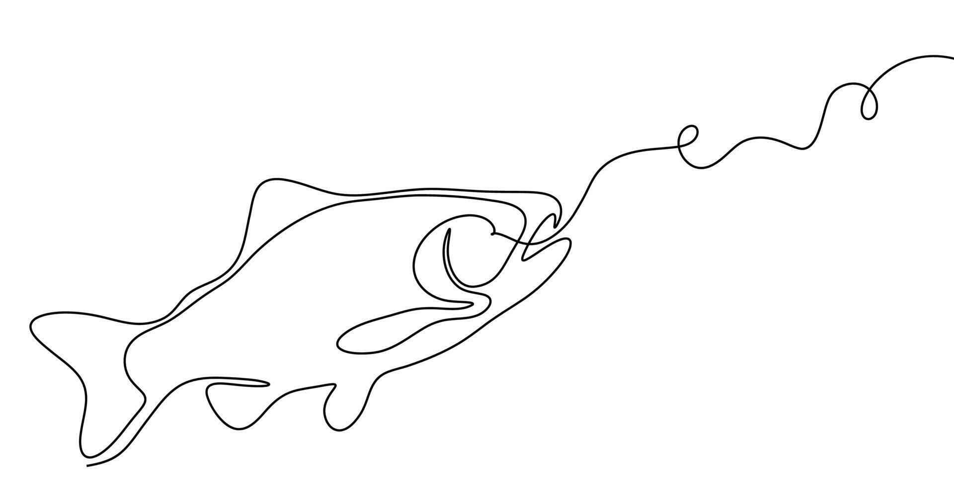 Line fish salmon art continuous icon tuna drawing trout seafood. Fish salmon line one simple hand outline illustration water type food hook linear sea fin pond day sketch silhouette logo ocean. vector