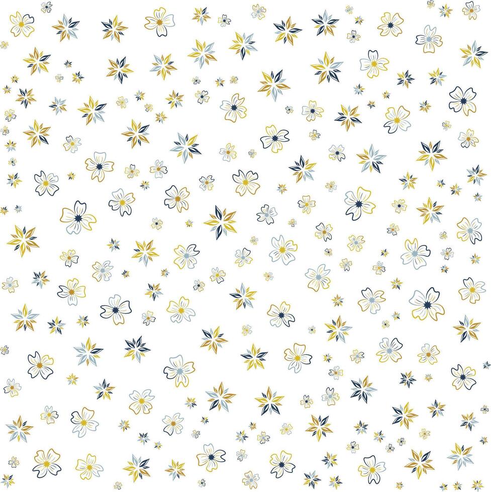 Elegant Floral Pattern Gold Blue Stylized Flowers on White Background vector