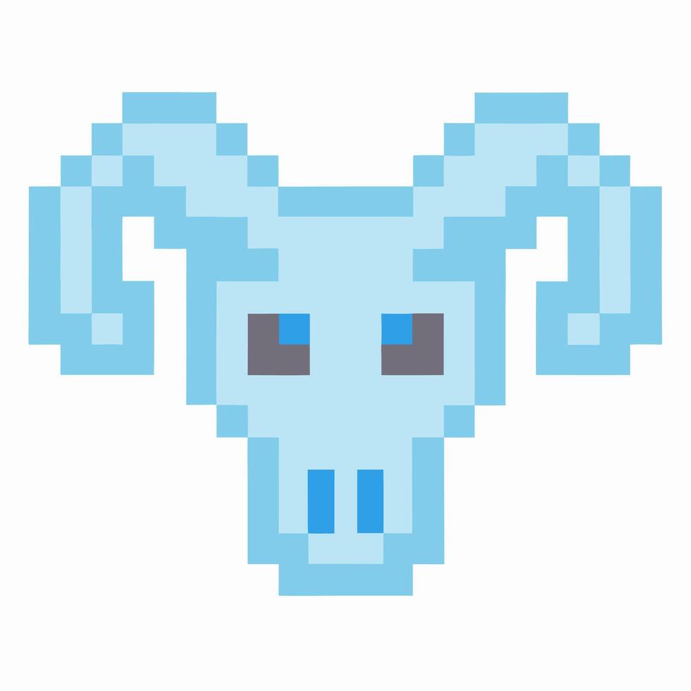 8bit head Pixel art ram skull icon, blue tones retro 8 bit game animal