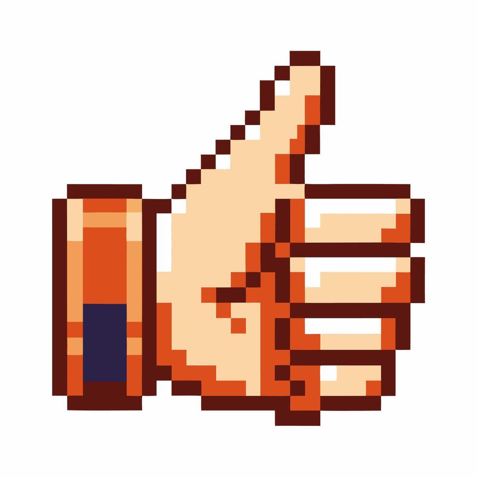 Retro pixel art thumbs up hand gesture 8 bit approval symbol, positive feedback icon, vintage gaming design vector