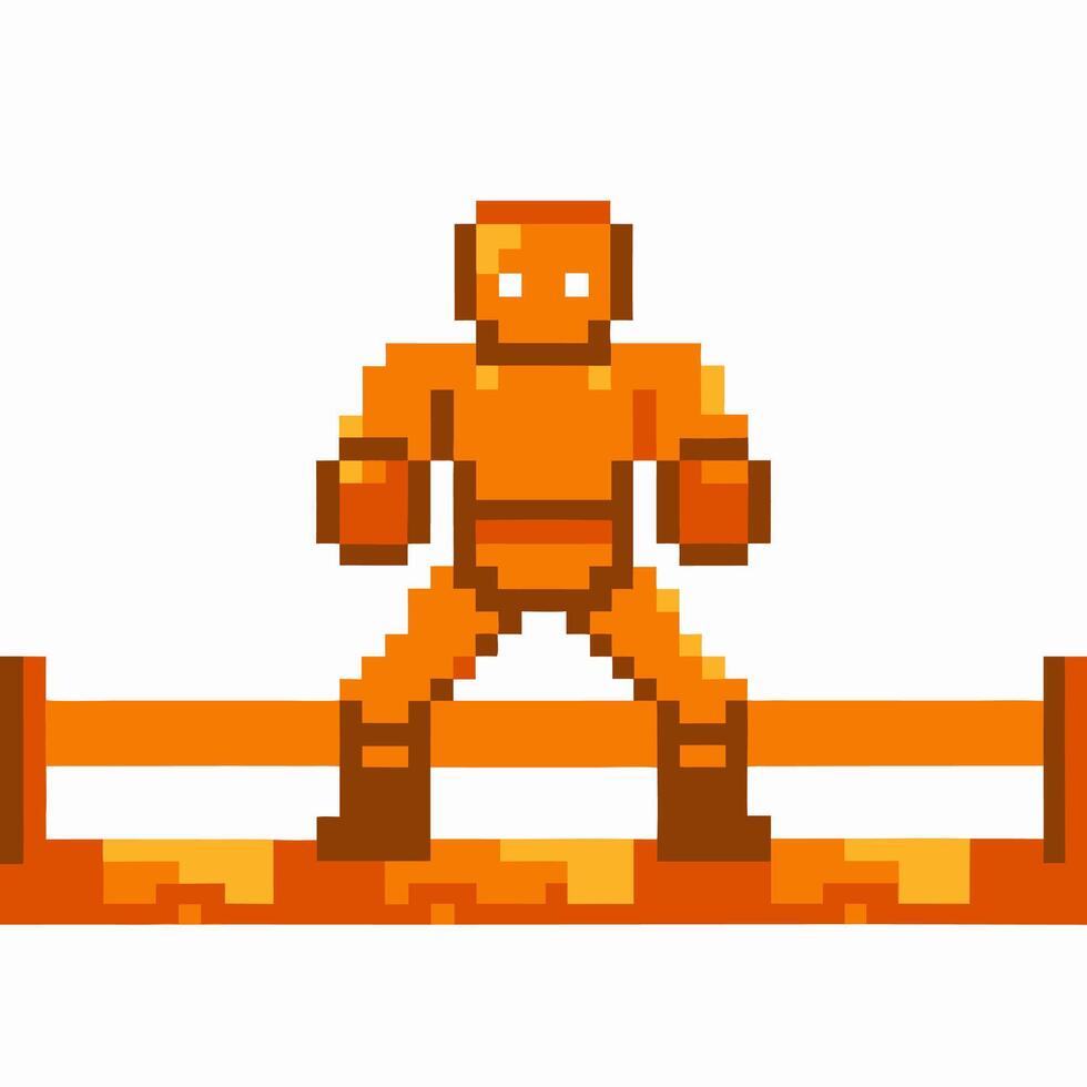 Retro pixel robot character standing on platform orange humanoid figure with square body and arms extended, digital 8 bit vector