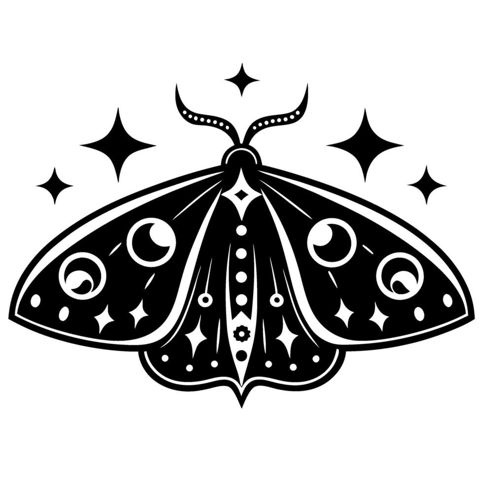 Mystical moth with celestial stars, moon phases and cosmic wings black and white decorative insect illustration vector