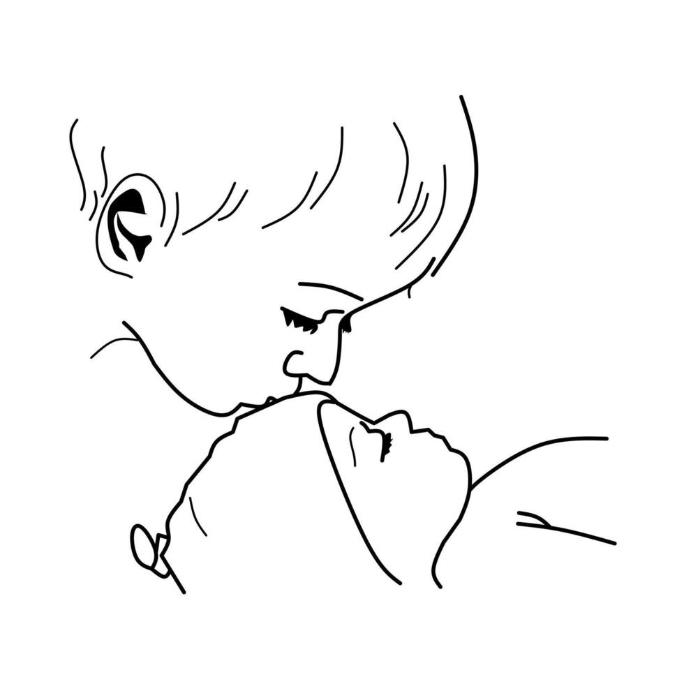 Minimalist line art of a child kissing a baby on the forehead. A tender and heartwarming moment, perfect for family, sibling, or newborn-themed designs. vector