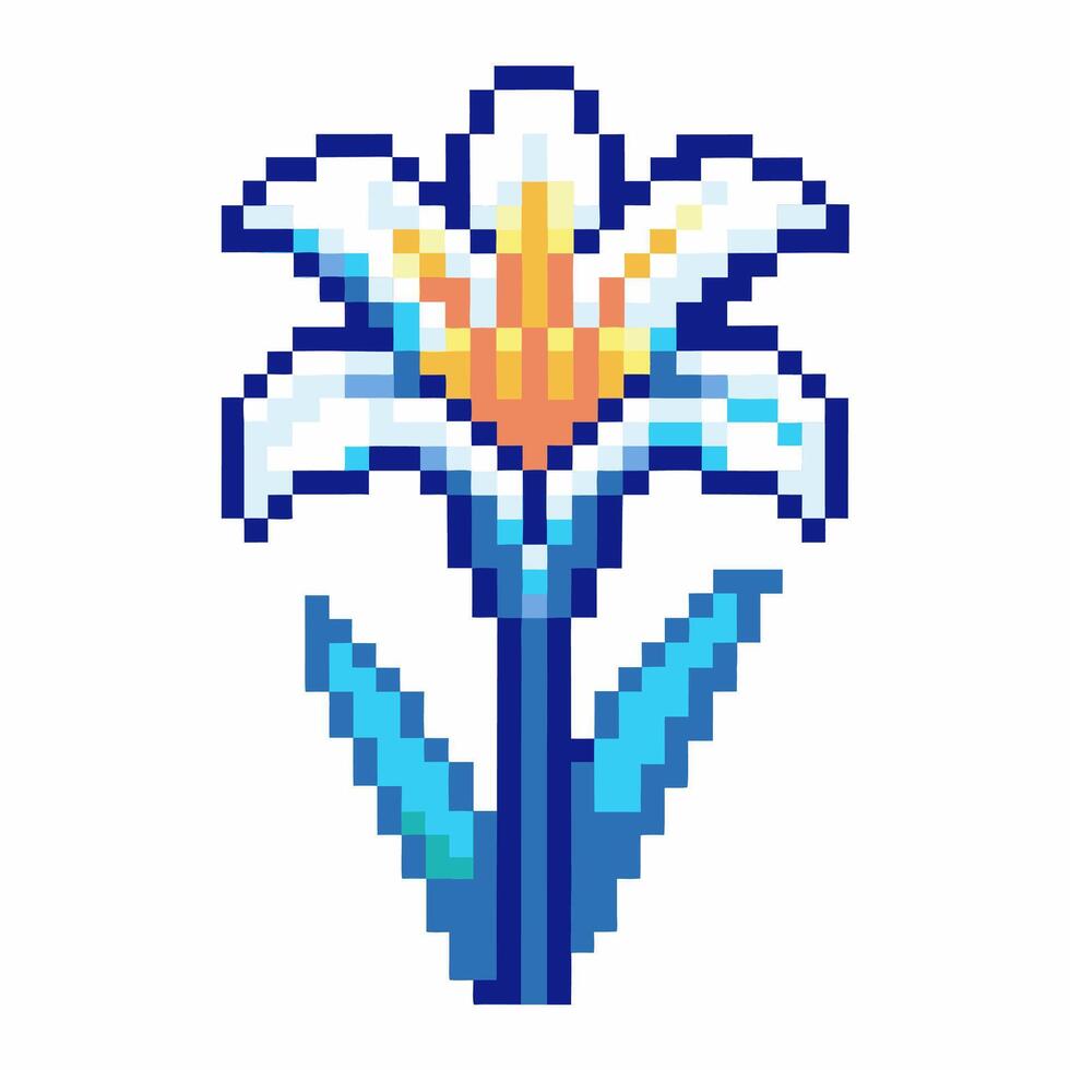 White lily flower in pixel art retro digital blooming plant, vibrant blue leaves, yellow and orange center design vector