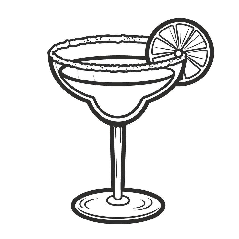 Classic margarita cocktail glass with salted rim and lime slice, hand drawn outline illustration, refreshing summer drink concept vector