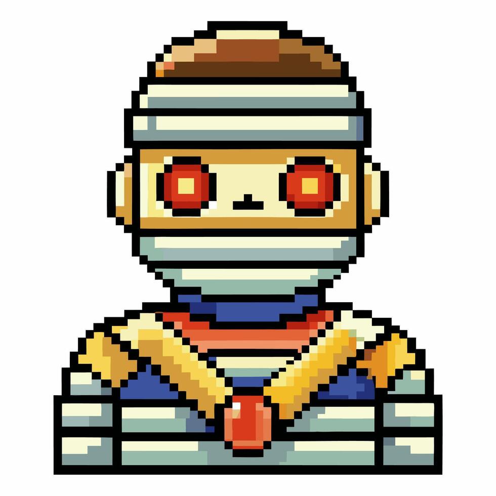 Pixel Art Mummy Character with Red Eyes and Bandages in Retro 8 Bit Style vector