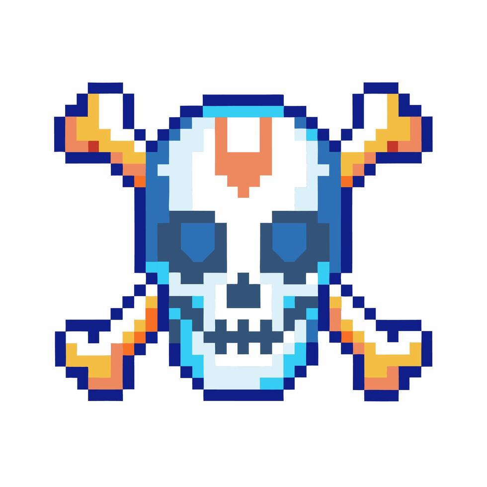 Pixel art skull and crossbones with blue and orange geometric shapes, retro gaming symbol, danger or warning icon vector