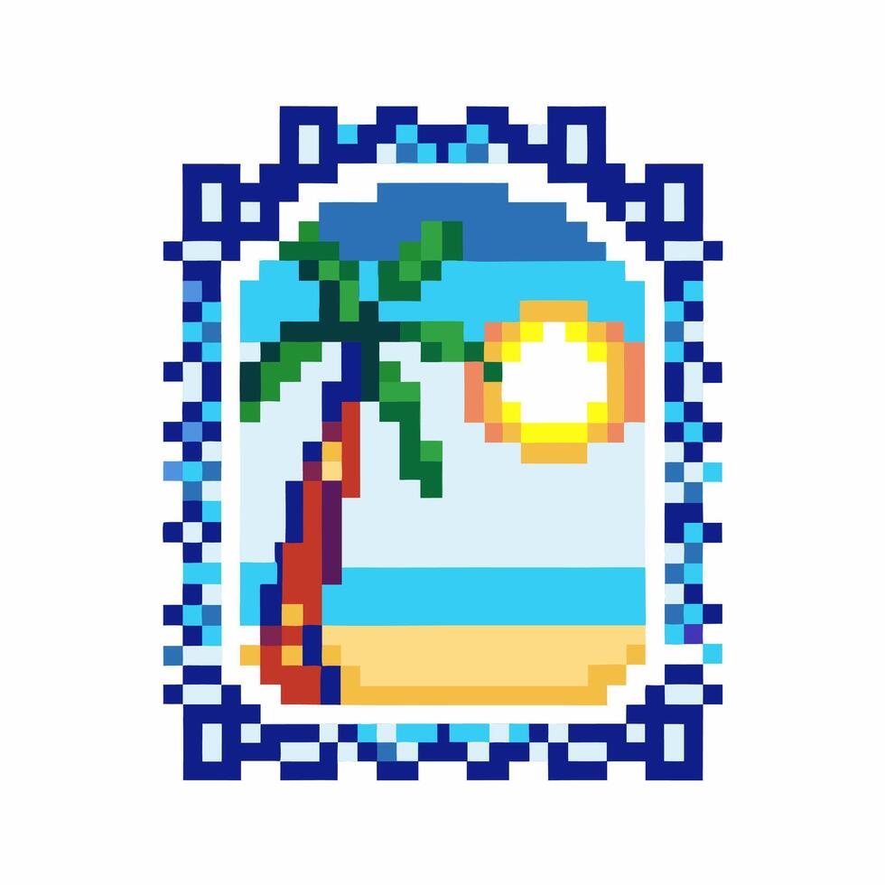 pixel art tropical beach landscape palm tree, sun, and ocean waves in retro game frame, vibrant summer scene vector
