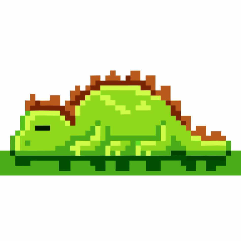 Sleeping green pixel dinosaur with brown spikes lying on grass cute retro game reptile resting, pixel art illustration vector