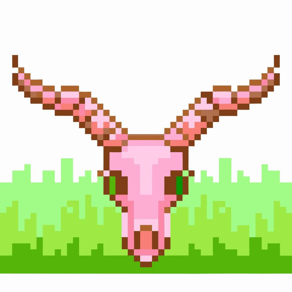 Pixel art bull skull on green grass retro digital illustration, animal bones, horns, wilderness, minimal 8 bit vector