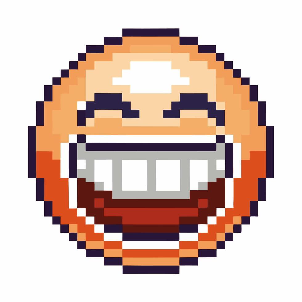 Pixelated happy face emotion with wide toothy grin retro 8 bit laughing smile, digital internet emoticon icon vector