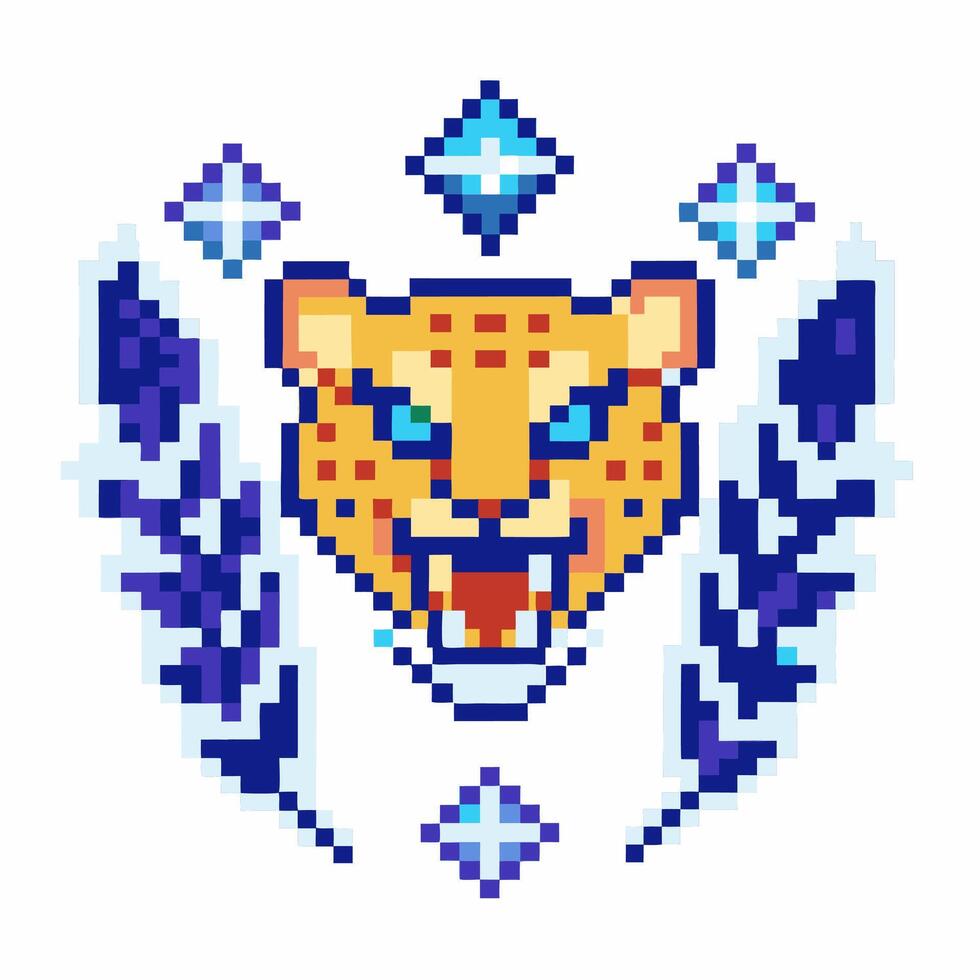 Pixel art leopard head with geometric blue feathers and diamond shapes, retro digital animal emblem on white vector
