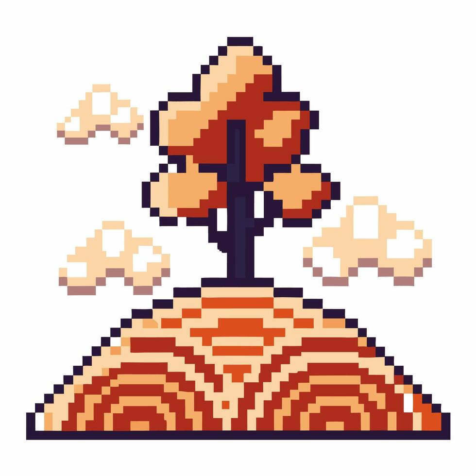 Pixel art autumn tree on geometric hill, stylized landscape with clouds, retro game nature illustration vector