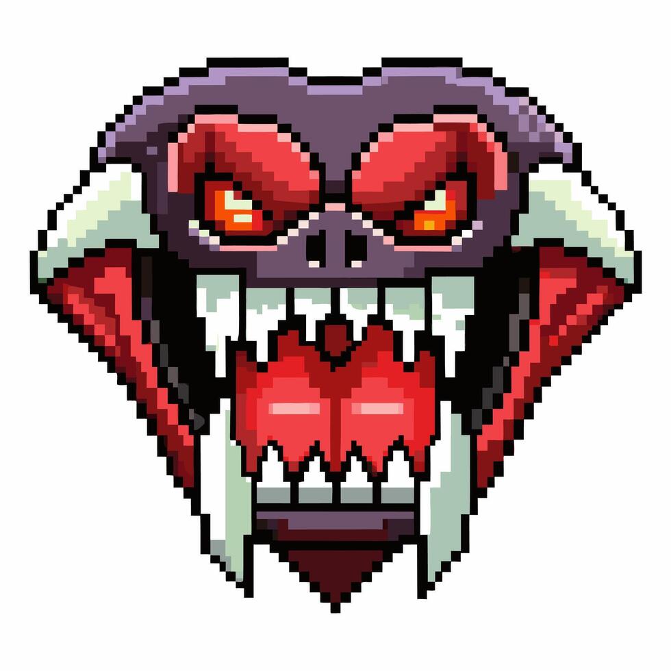 Pixel Art Fierce Monster Head with Red Eyes and Sharp Fangs Retro Gaming Icon vector