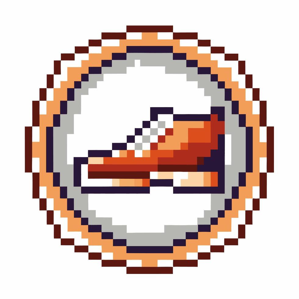 Retro pixel art sneaker icon in circular frame vintage gaming shoe badge, 8 bit fashion symbol, nostalgic design vector