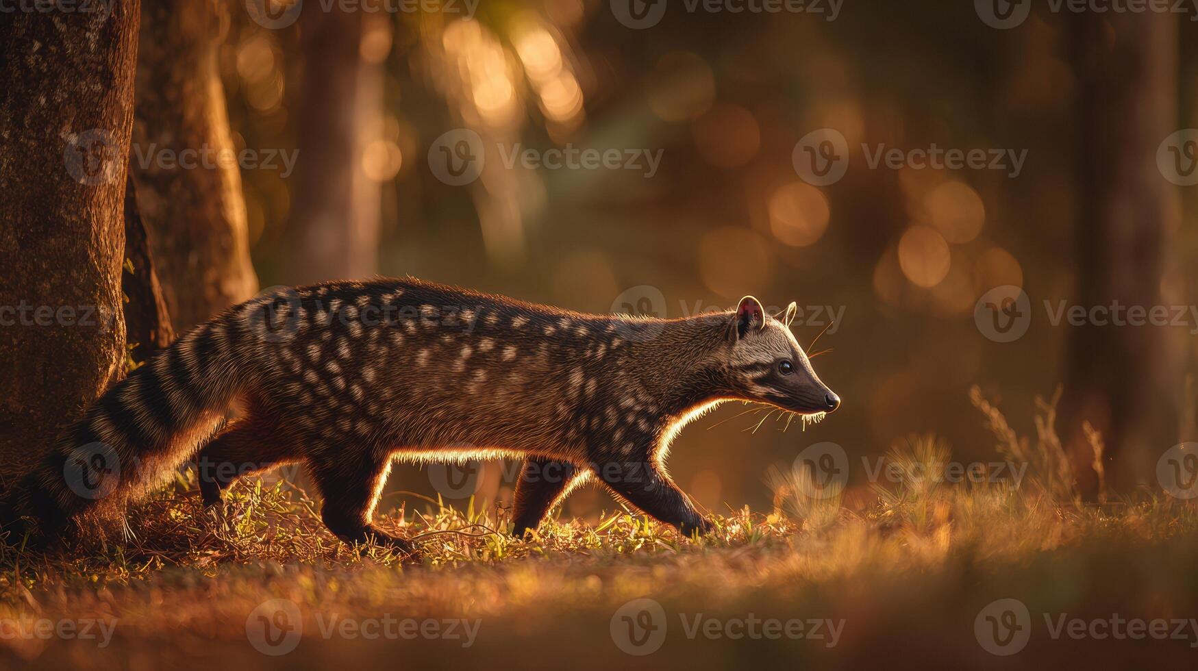 African Civet Walks Gracefully Through Golden Light in a Serene Forest Setting During the Late Afternoon photo