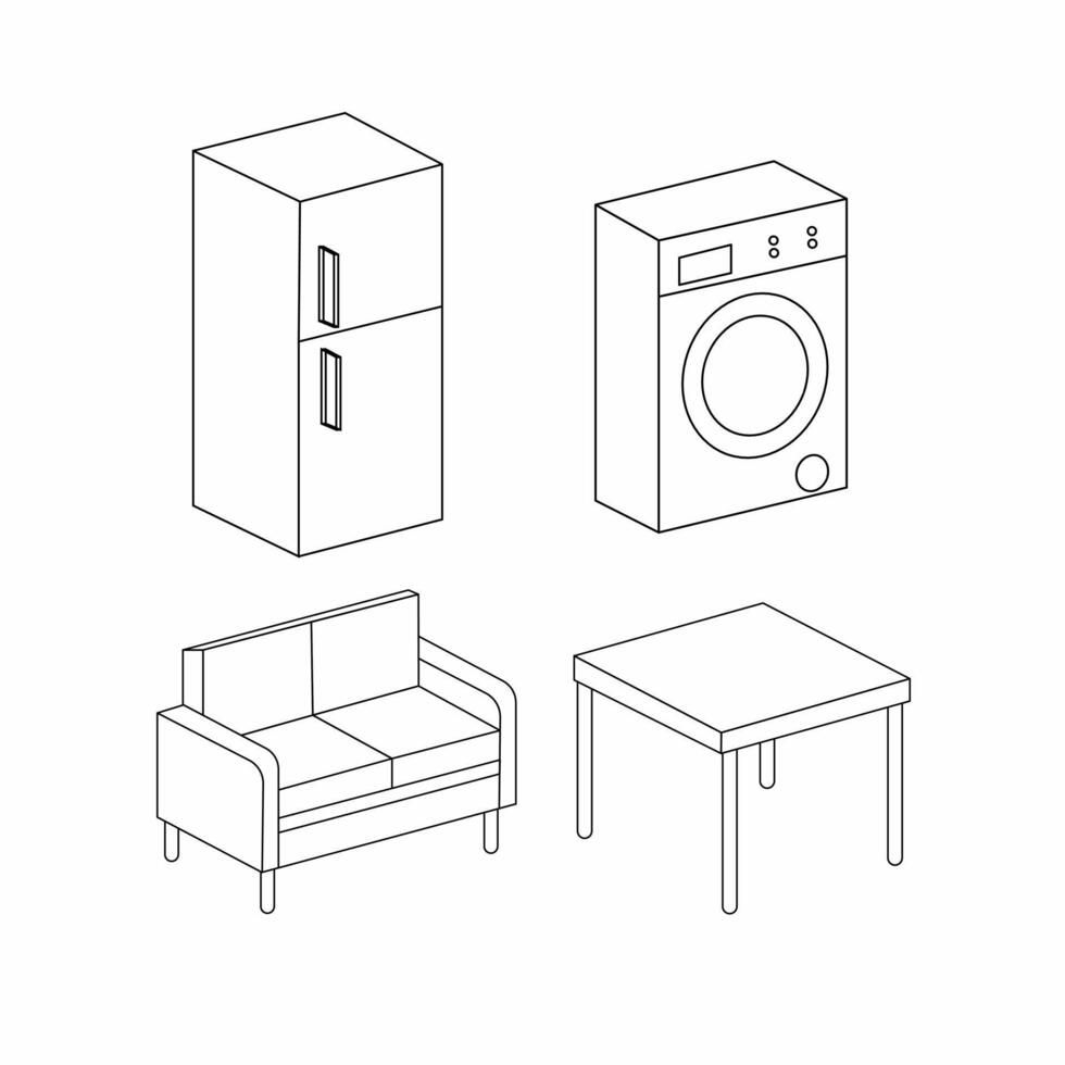 Line Art of Household Furniture and Appliances Fridge, Washing Machine, Sofa, and Table vector