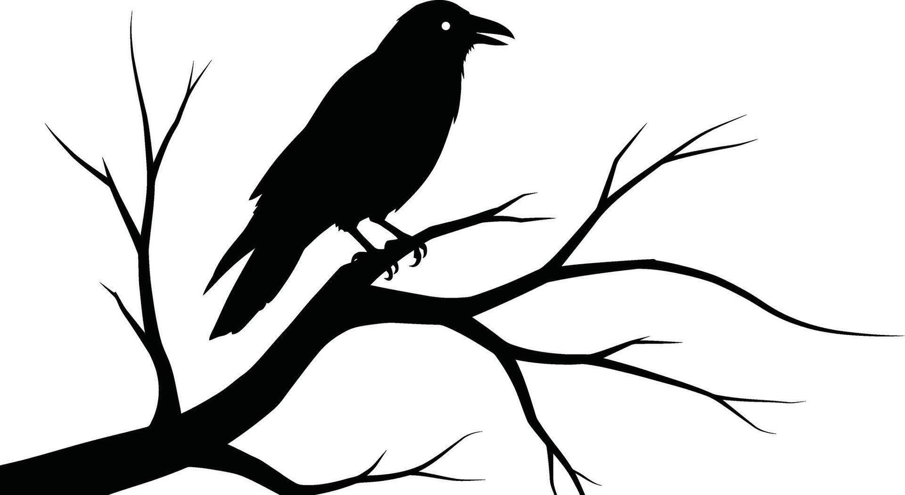 Silhouette of a Raven Perched on a Bare Tree Branch. vector