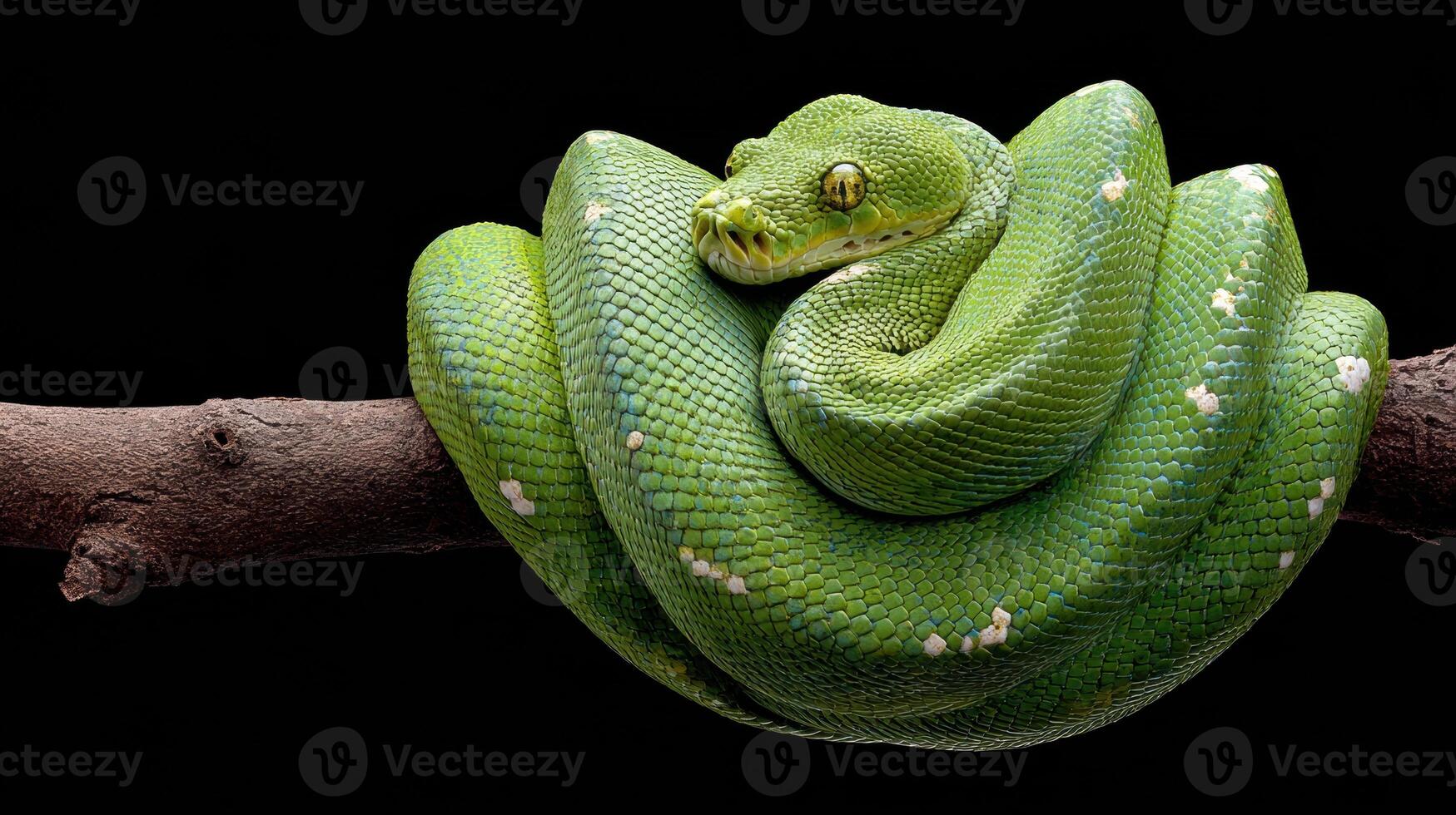 Bright Green Tree Python Resting on Branch in Black Background Highlighting Vivid Colors and Intricate Textures photo