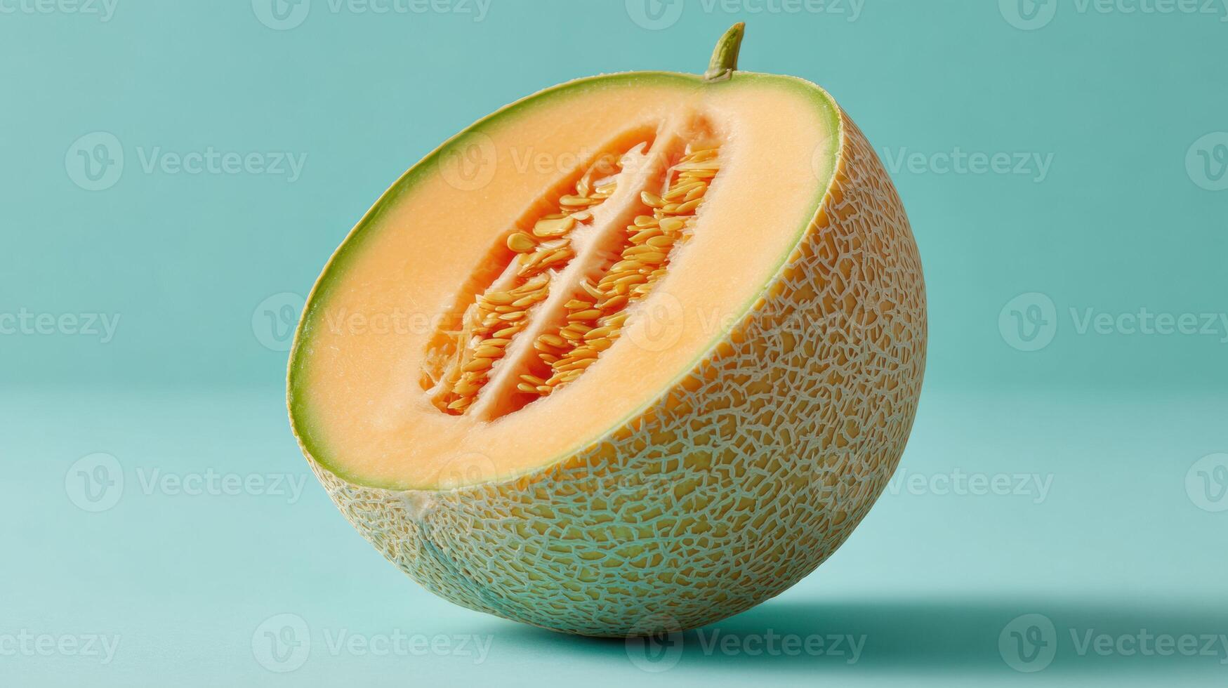 Bright Cut Cantaloupe Displayed Prominently Against a Clean Pastel Background, Revealing Vibrant Orange Flesh and Seeds in an Upper Section photo