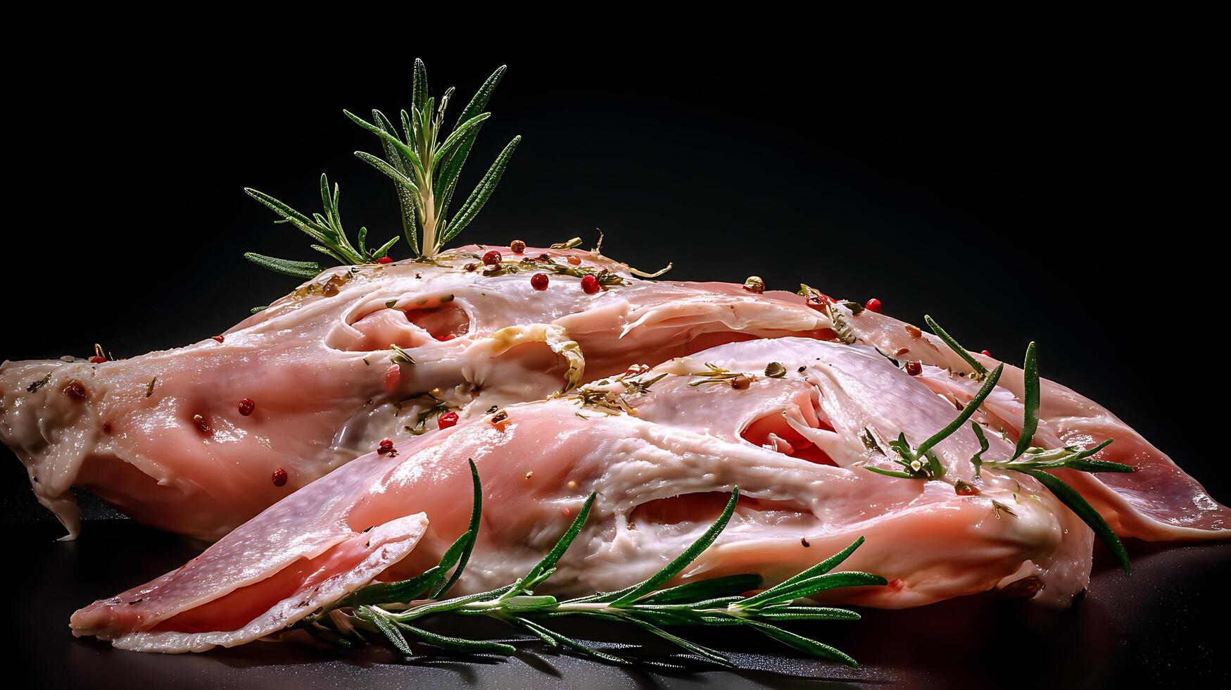 Fresh Raw Chicken Breasts Seasoned with Rosemary and Peppercorns. photo