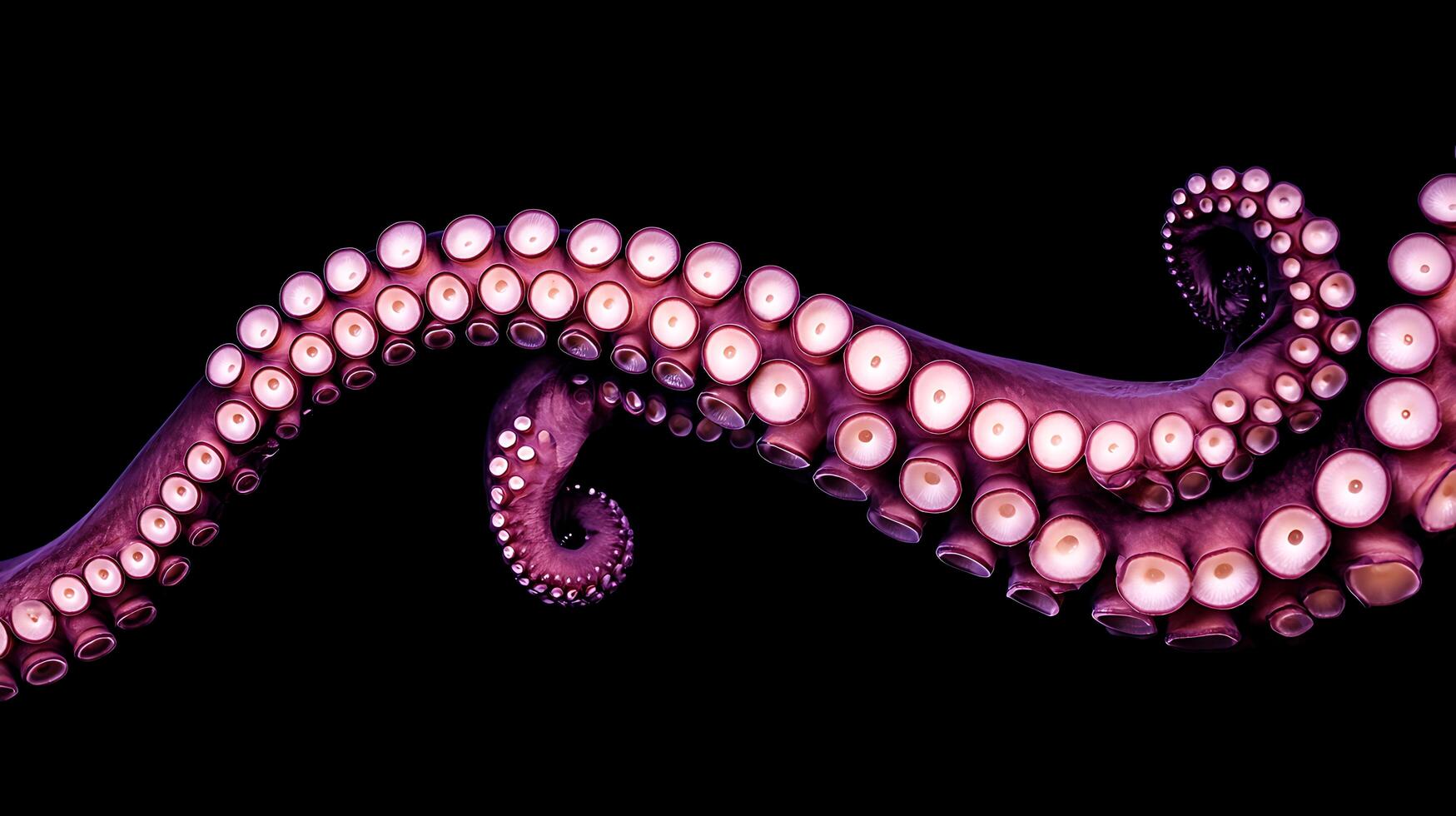 Close up of a vibrant purple octopus tentacle against a dark background. photo