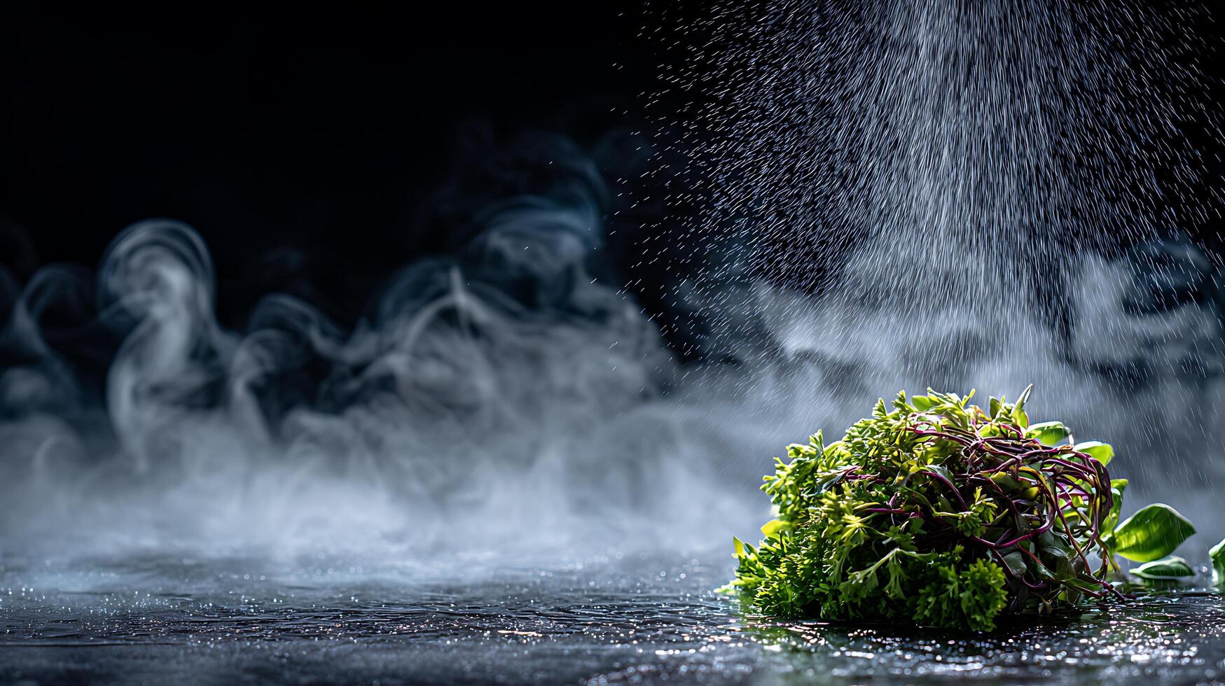 Fresh Greens Under a Mystical Mist and Gentle Rain Shower photo