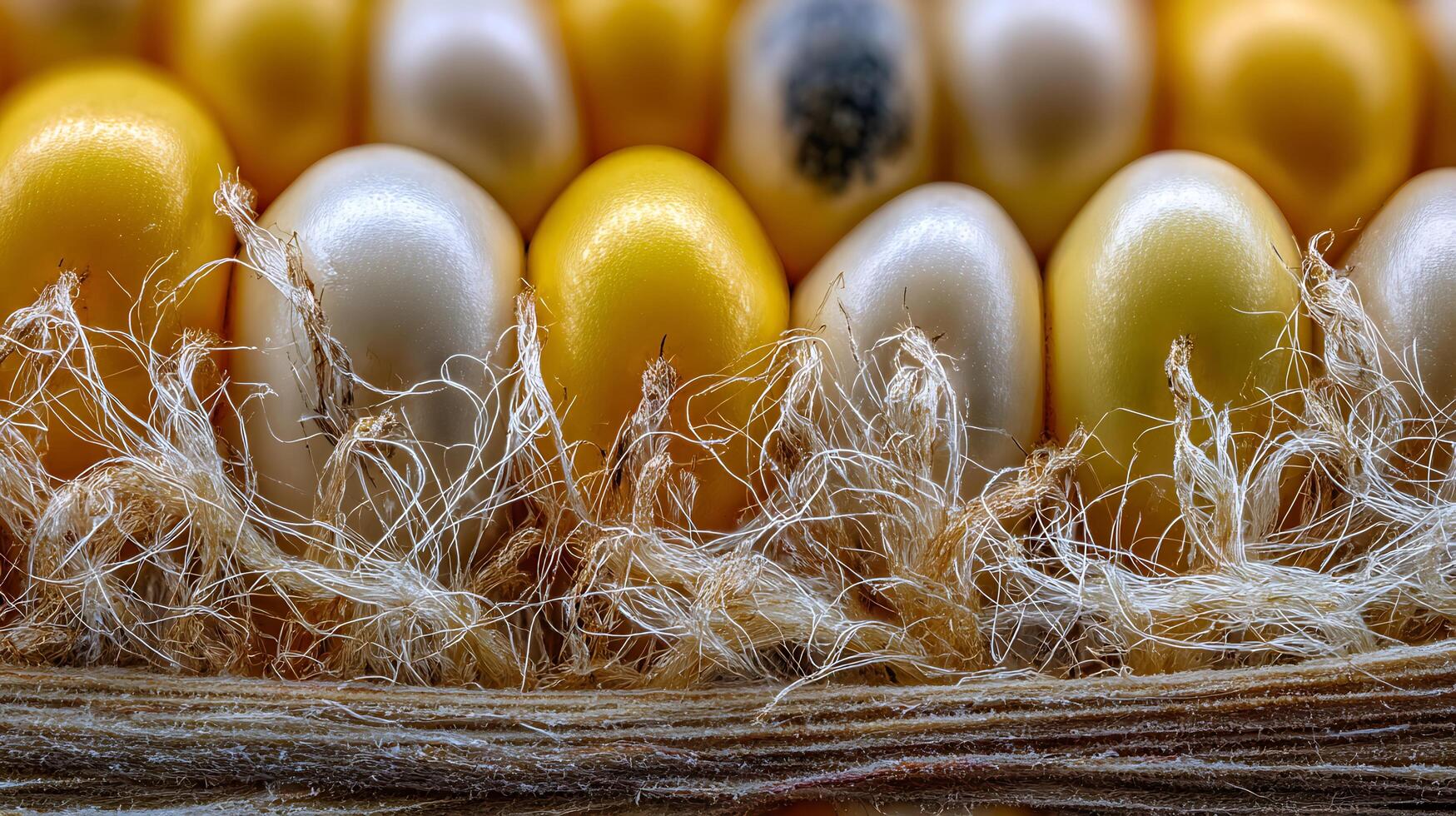 Macro View of a Corn Cob with Golden Yellow and White Kernels and Silks. photo