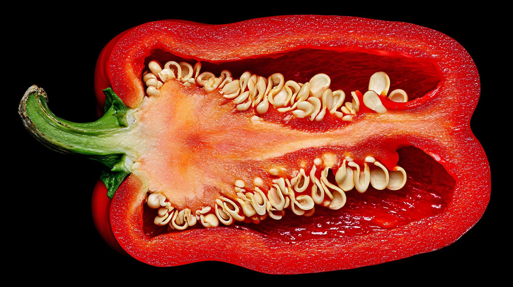 Vibrant Red Bell Pepper Slice With Visible Seeds On Black Background. photo