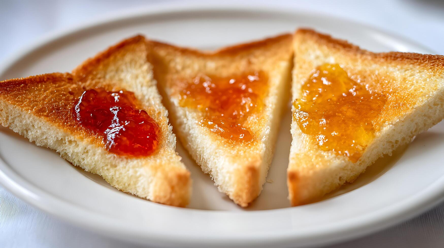 Delicious Toast Slices with Colorful Jams on a White Plate. photo