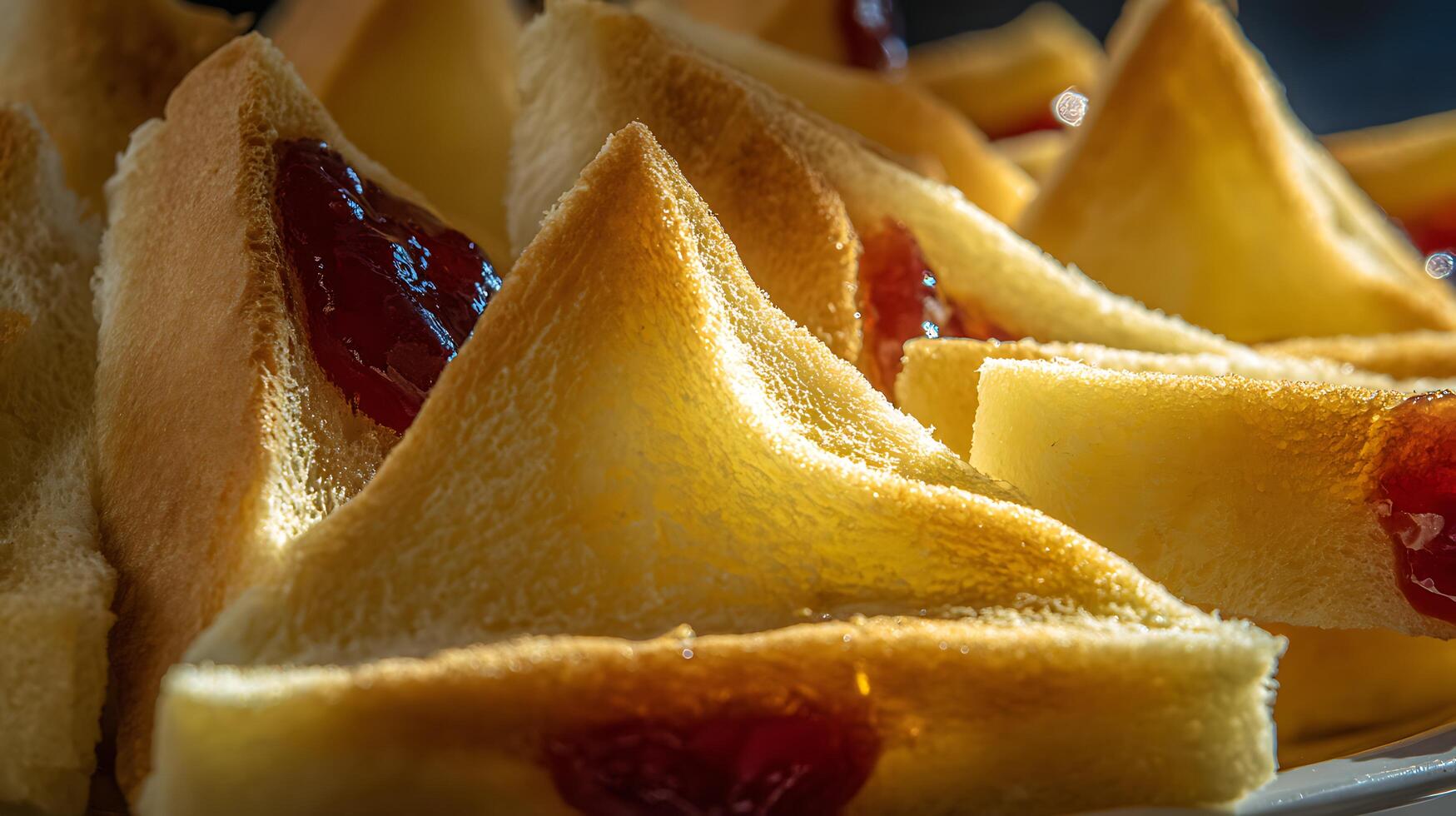Golden Toast Triangles with Sweet Red Jam in Close Up View. photo