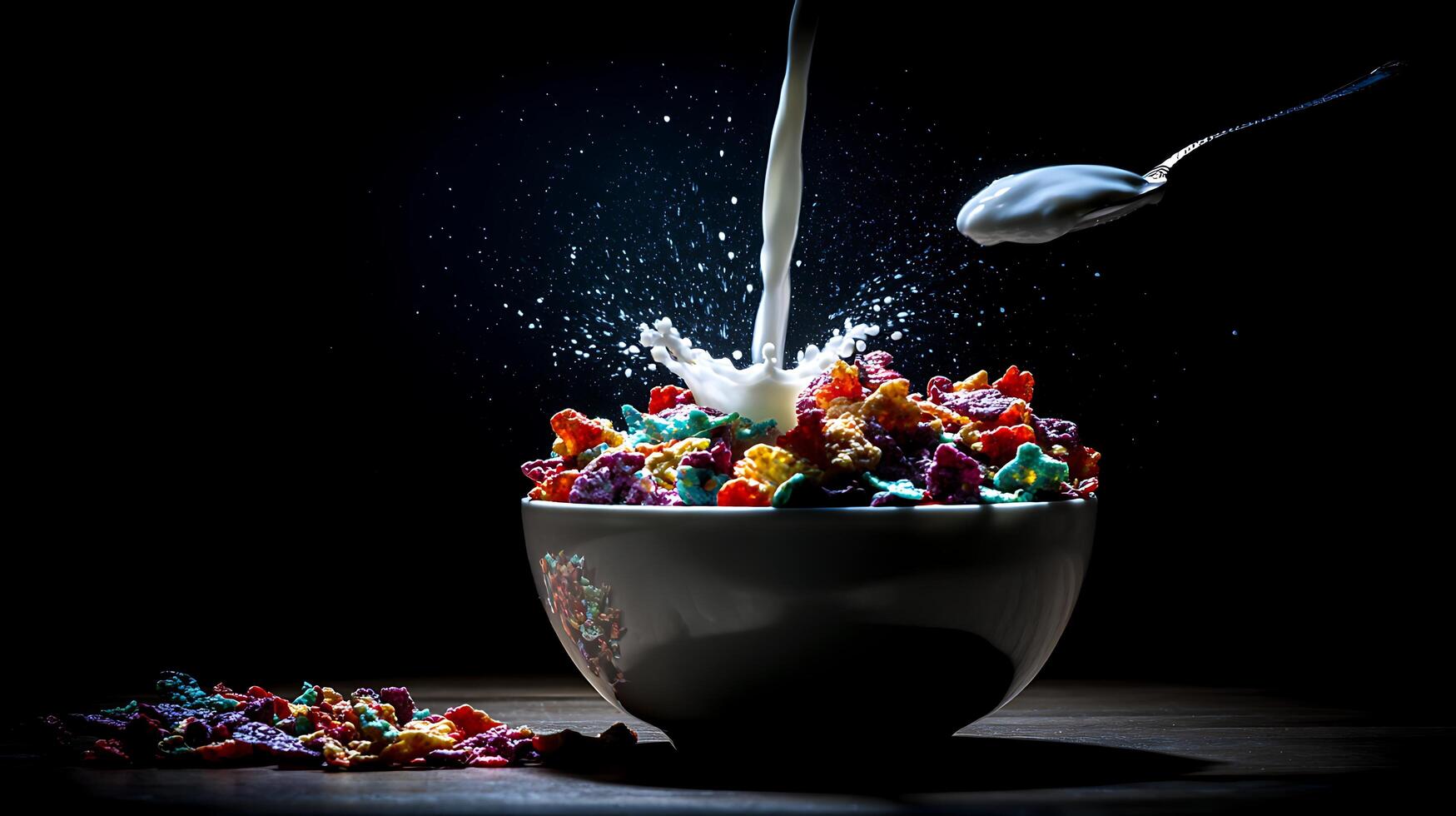Milk Splash on Colorful Cereal Bowl with Spoon, Breakfast Action Shot. photo