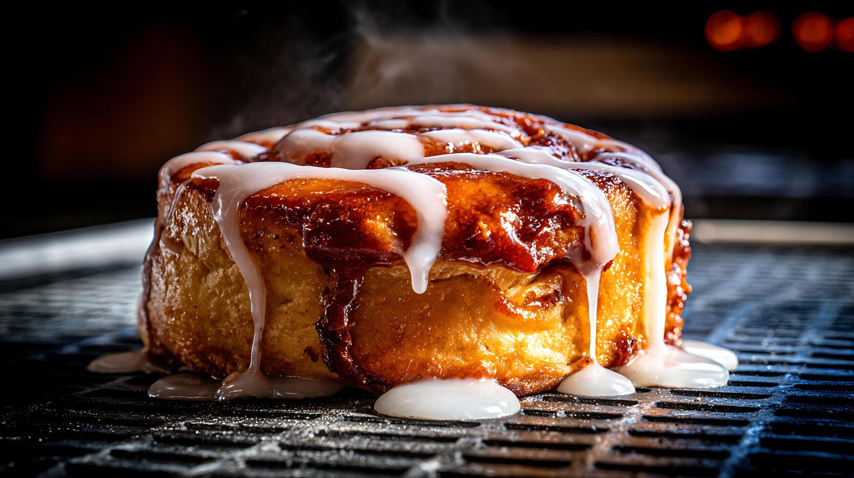 Warm Cinnamon Roll Drizzled with Icing, Steaming Gently. photo
