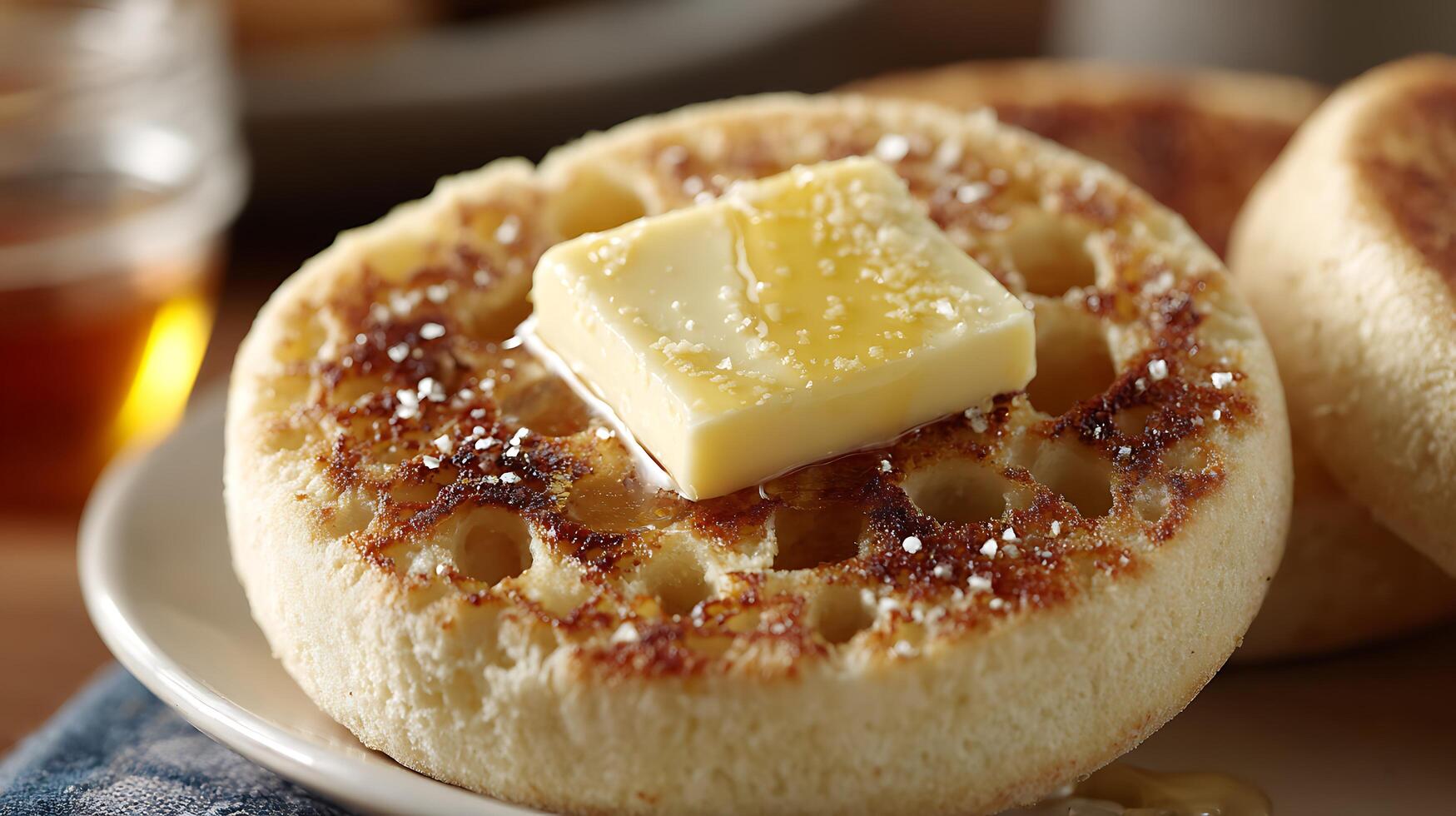 Delicious Toasted English Muffin With Melted Butter and Honey Drizzle. photo