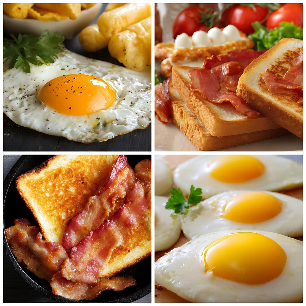 Delicious Breakfast Feast of Fried Eggs and Crispy Bacon. photo