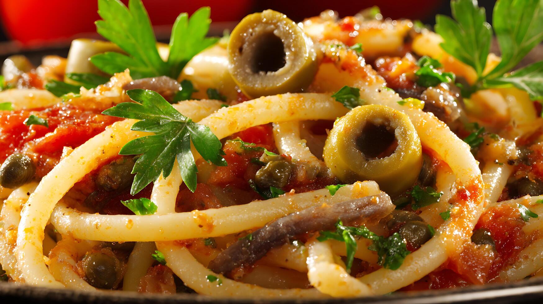 Delicious Pasta with Olives and Anchovies, Garnished with Fresh Parsley. photo
