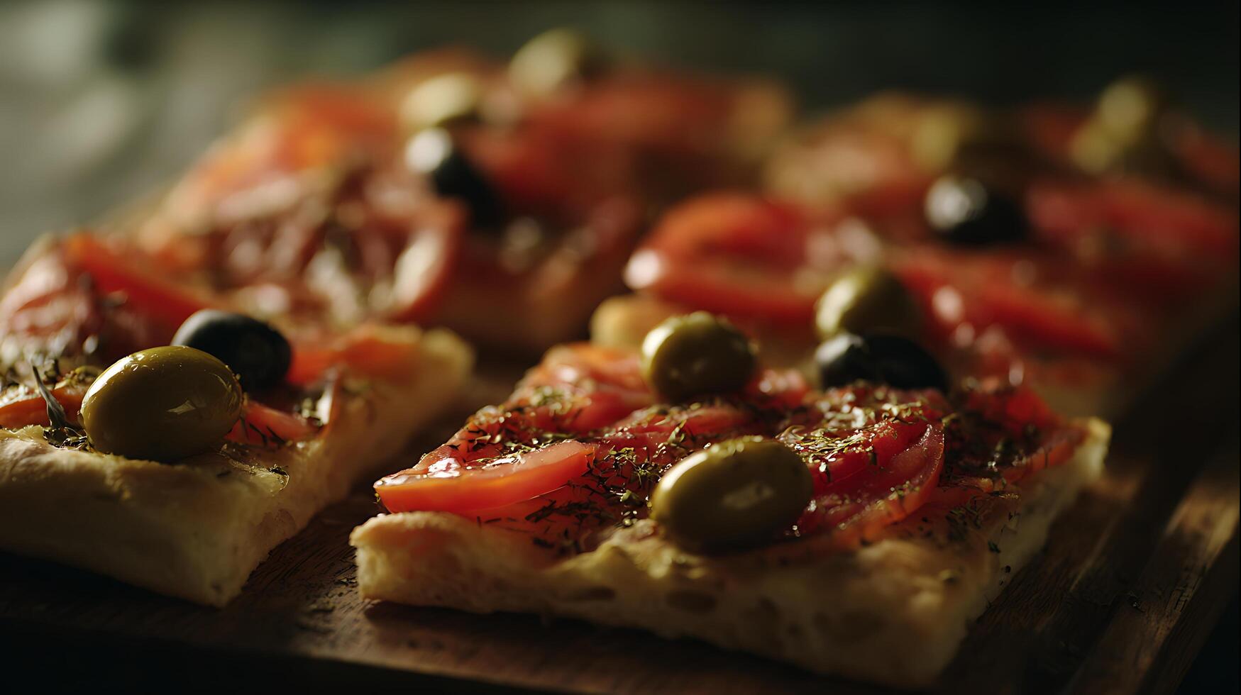 Delicious Slices of Focaccia Pizza with Tomatoes and Olives. photo