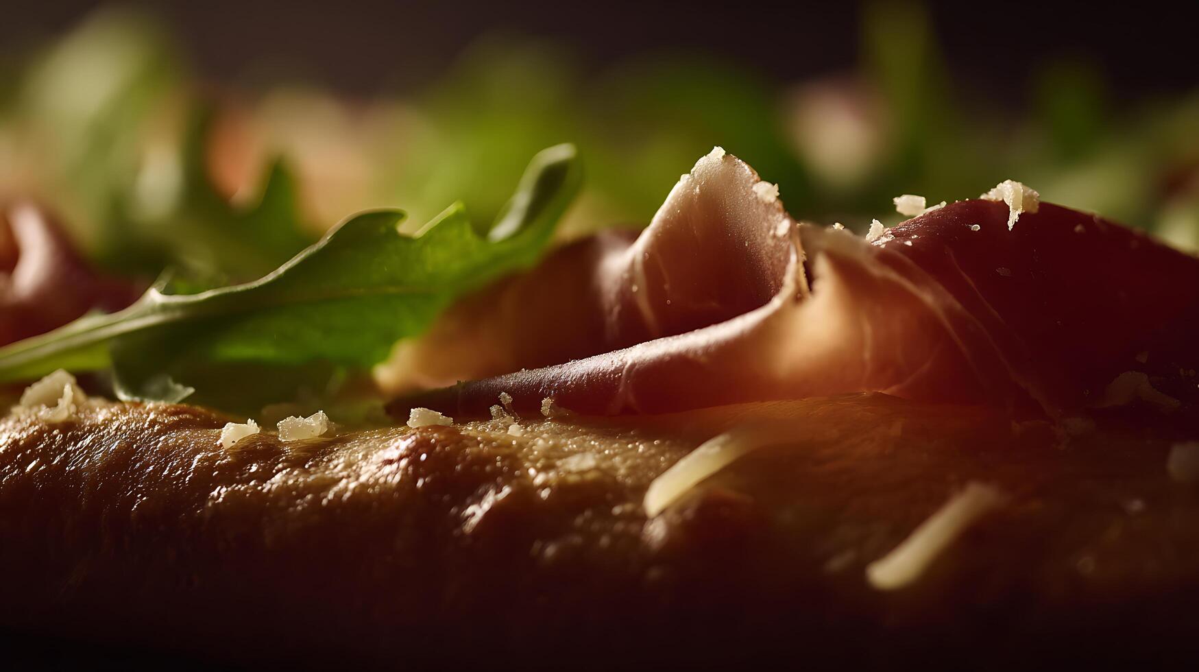 Close up on Prosciutto and Greens on Pizza Dough with Parmesan. photo
