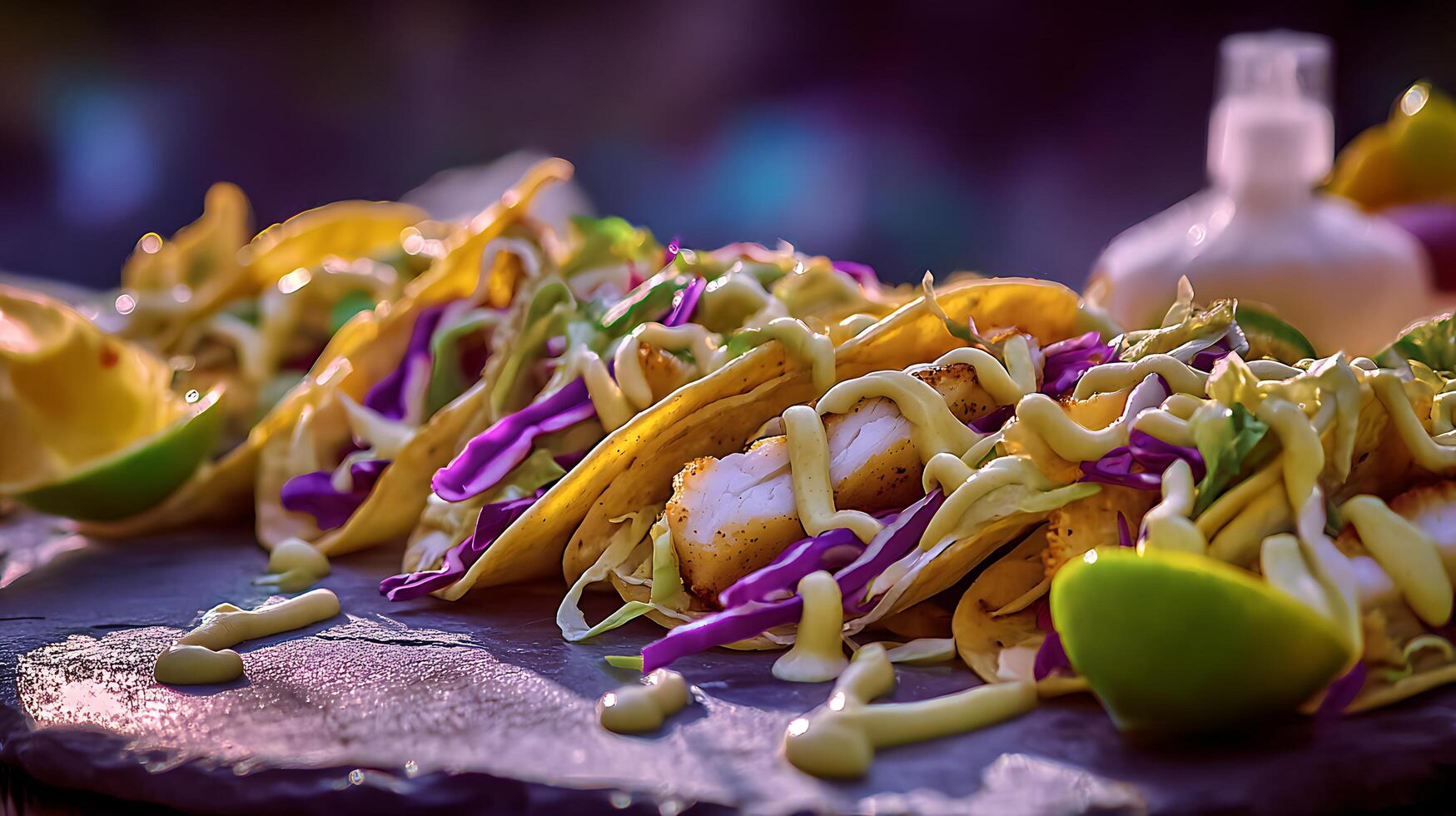 Delicious Fish Tacos with Creamy Sauce and Fresh Lime Slices. photo