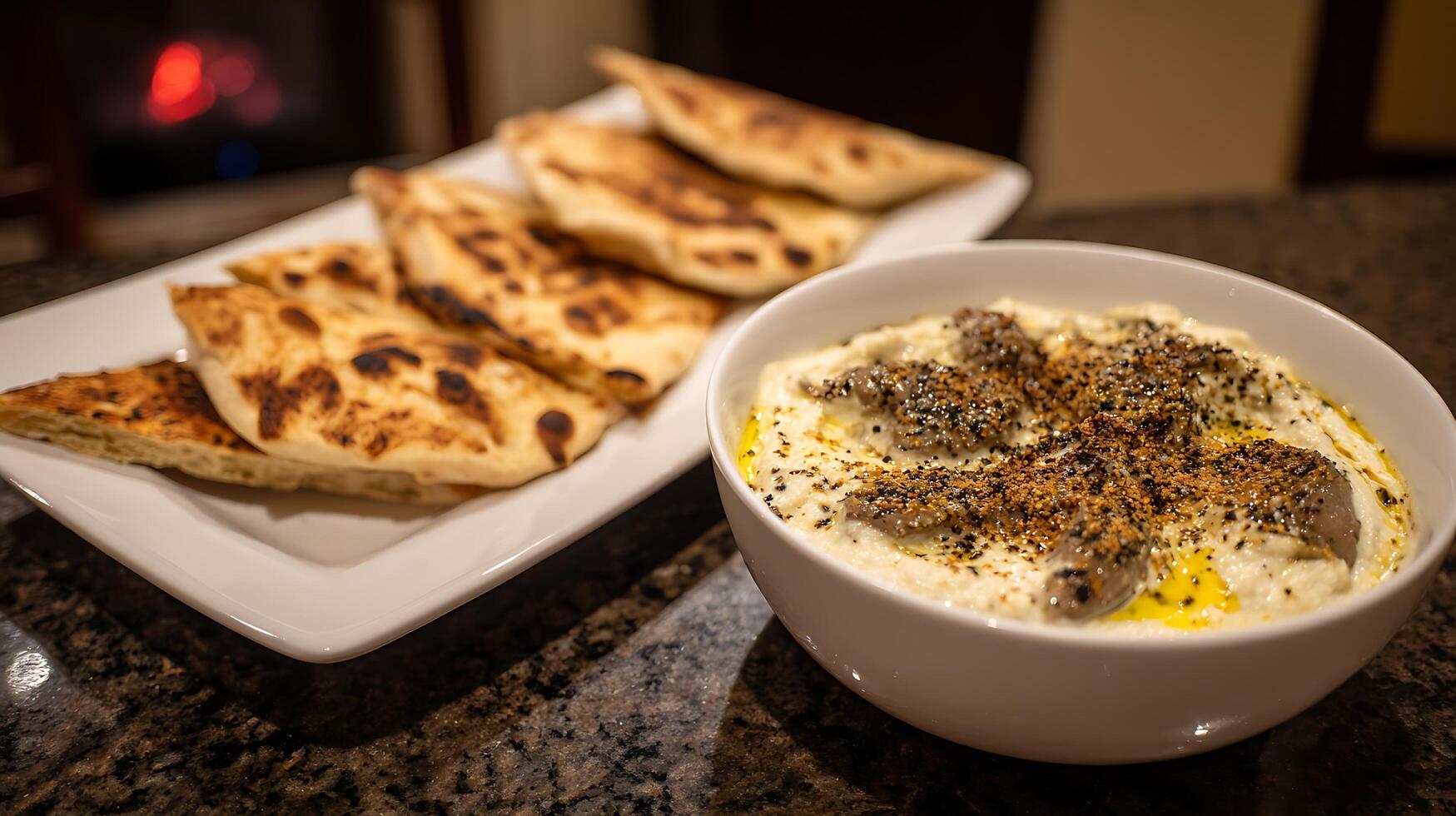 Savory Dip with Warm Naan Bread Next to a Cozy Fireplace Glow. photo