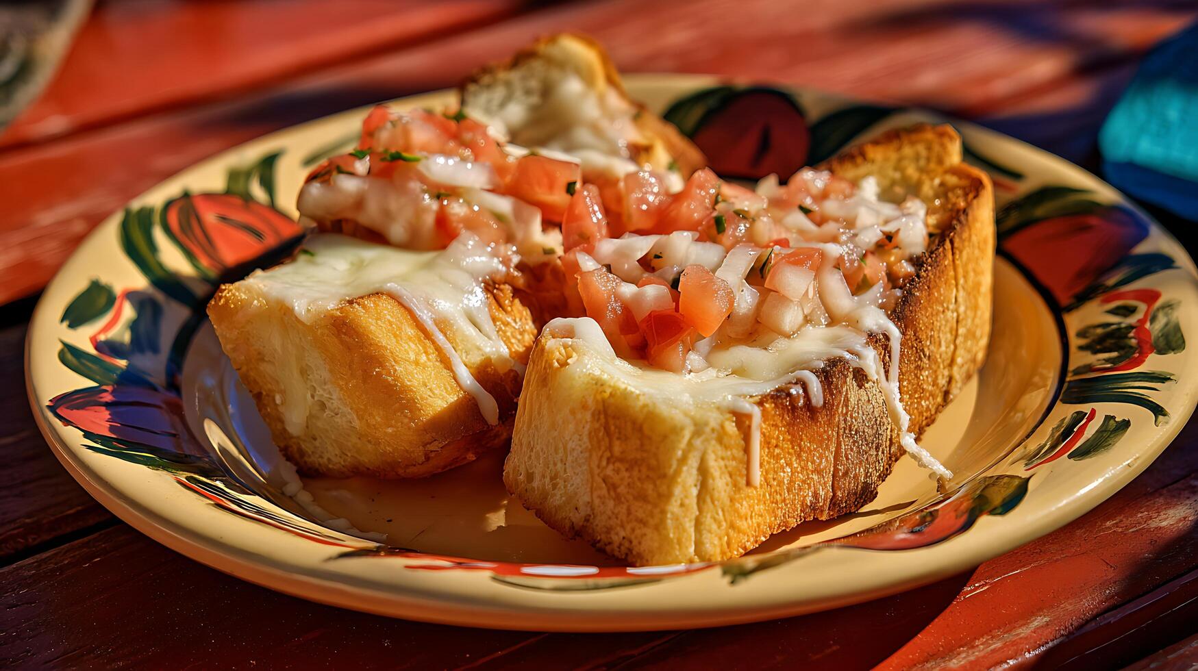 Delicious Bruschetta with Melted Cheese and Fresh Tomatoes on a Sunny Day. photo