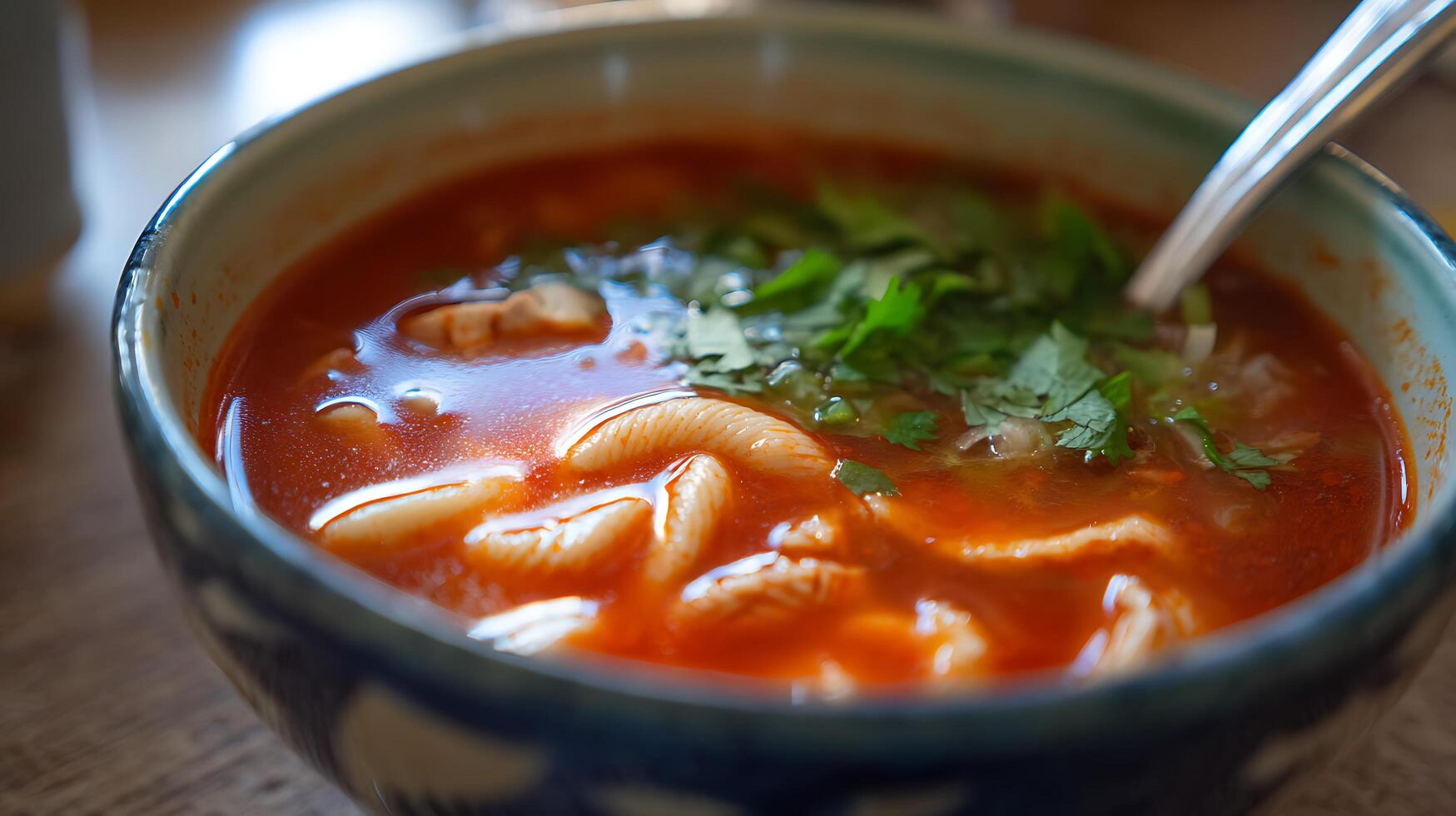 Delicious Bowl of Savory Red Soup with Fresh Herbs and Noodles. photo