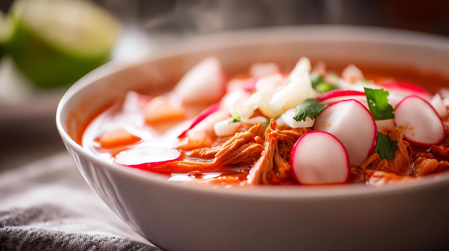 Delicious Bowl of Pozole with Radish and Lime Garnish. photo