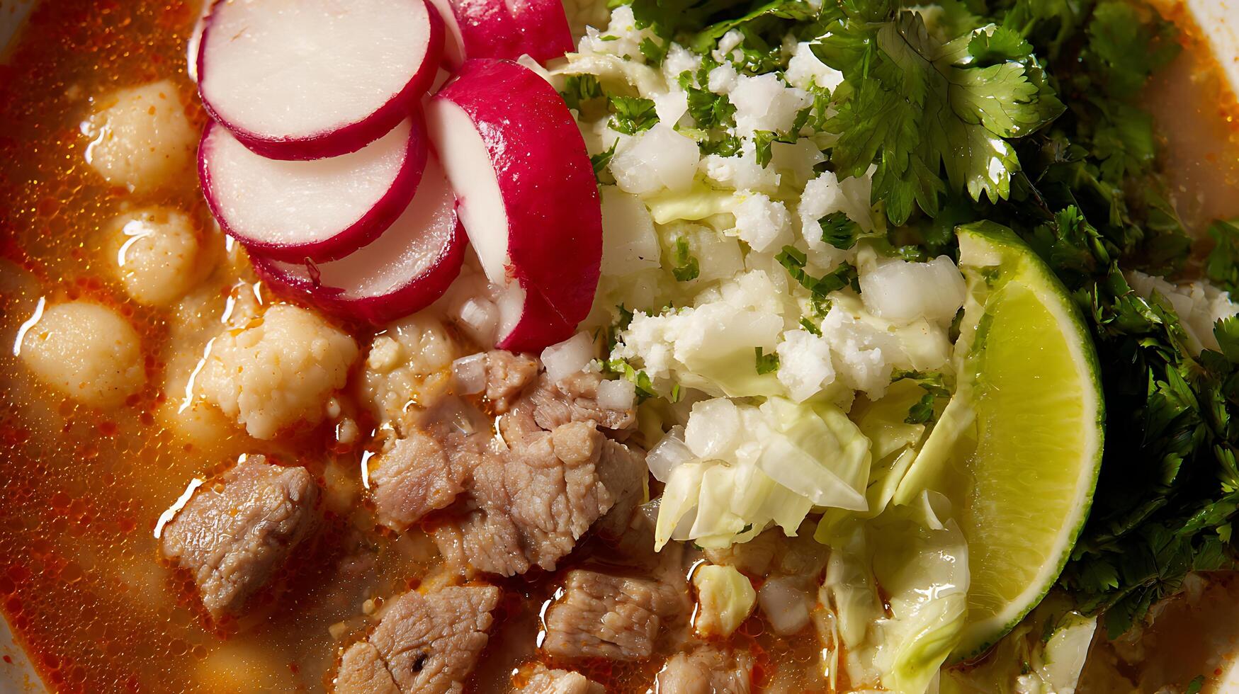 Delicious Mexican Pozole Stew with Fresh Garnishes and Meat. photo