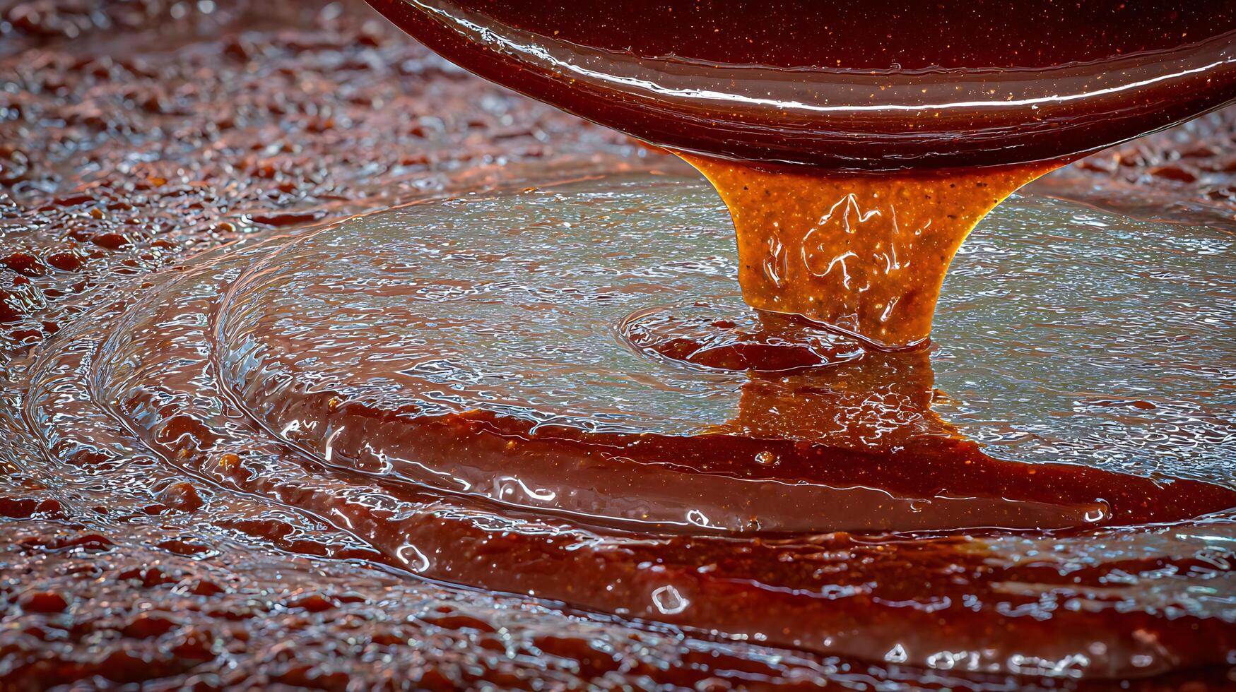Rich Dark Chocolate Sauce Pouring Slowly Creating Ripples and Texture. photo